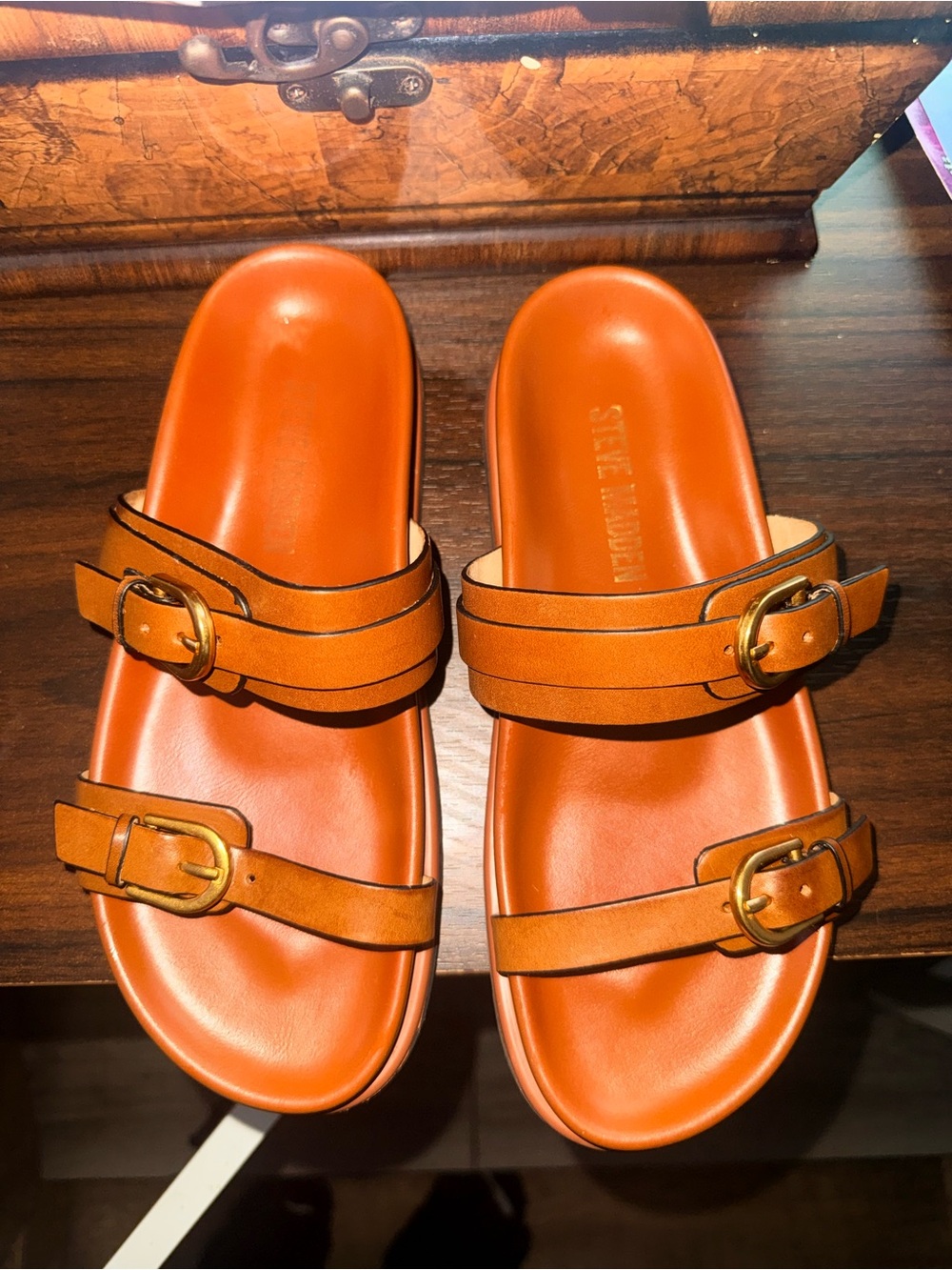 Steve Madden Double-Buckle Slide Sandals in Cognac Brown